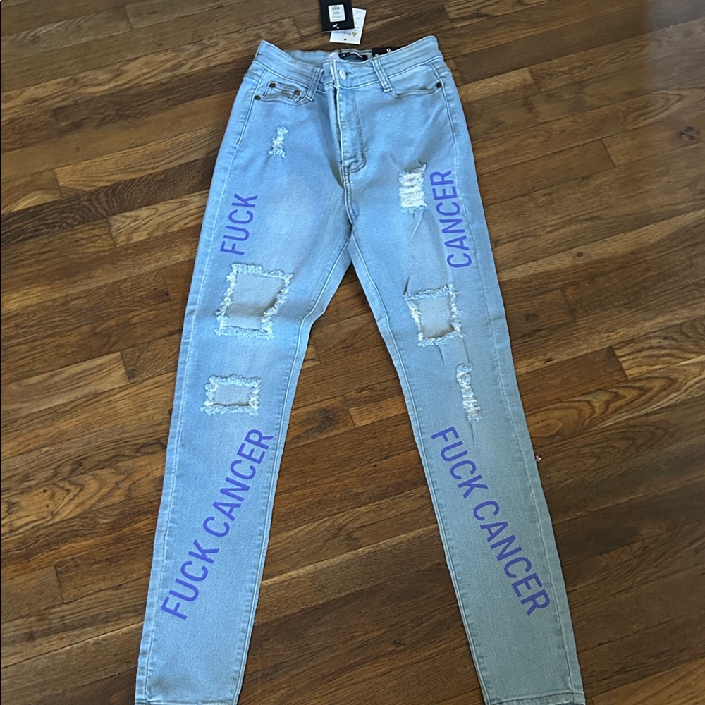 Fashion Nova Light Blue Jeans with Purple Text